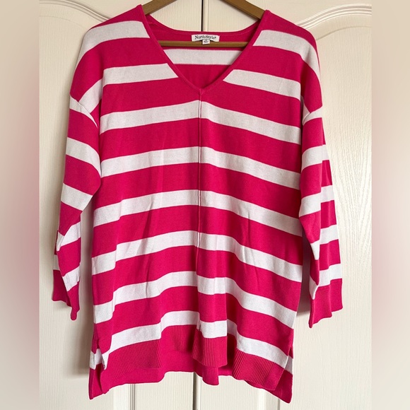 NorthStyle Cotton V-Neck Striped Pullover Sweater,
3/4 Sleeves, Side Slits - Picture 2 of 6